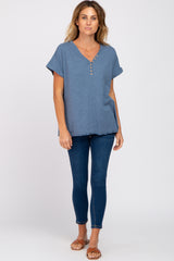 Navy Heathered Button Accent Short Sleeve Top