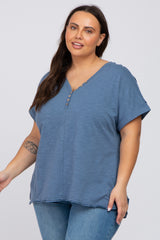 Navy Heathered Button Accent Short Sleeve Plus Maternity Top