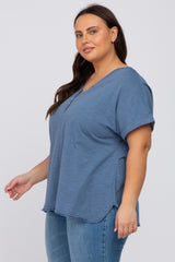 Navy Heathered Button Accent Short Sleeve Plus Top