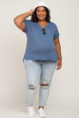 Navy Heathered Button Accent Short Sleeve Plus Maternity Top