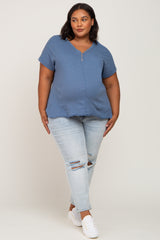 Navy Heathered Button Accent Short Sleeve Plus Maternity Top