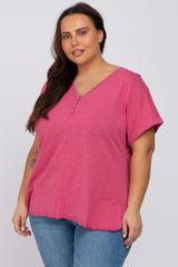 Magenta Heathered Button Accent Short Sleeve Plus Maternity Top