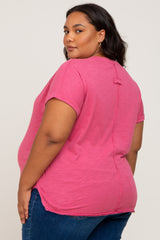 Magenta Heathered Button Accent Short Sleeve Plus Maternity Top