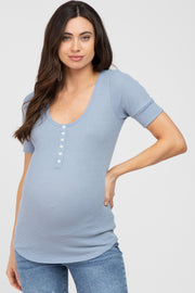 Blue Waffle Knit Maternity Short Sleeve Top