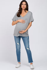 Heather Grey Basic Pocket Front Short Sleeve Maternity Top