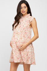 Peach Ruffle Mock Neck Maternity Mini Dress