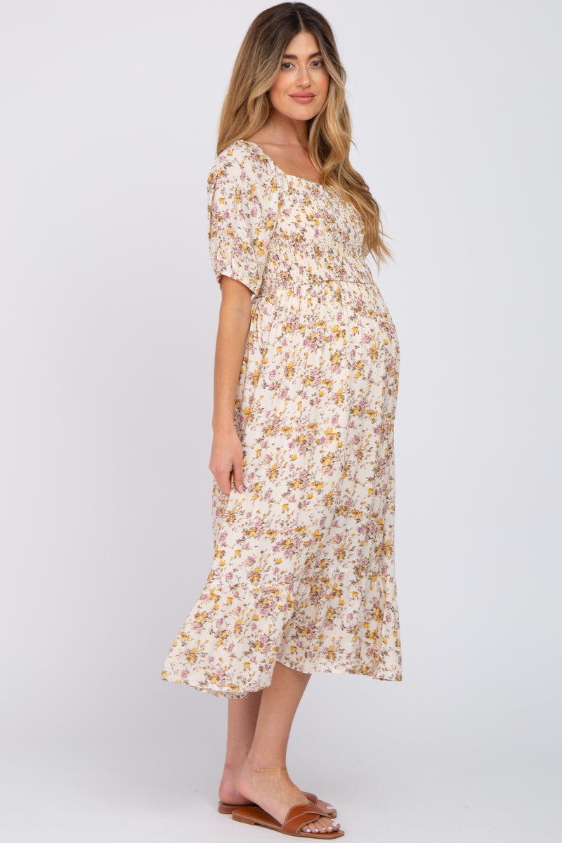 Beige Floral Puff Sleeve Maternity Midi Dress– PinkBlush