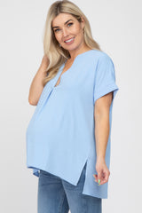 Light Blue V-Neck Rolled Cuff Maternity Blouse