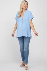 Light Blue V-Neck Rolled Cuff Maternity Blouse