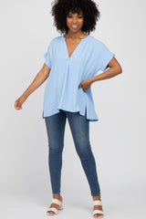 Light Blue V-Neck Rolled Cuff Blouse