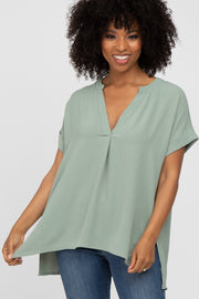 Light Olive V-Neck Rolled Cuff Blouse