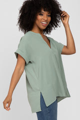 Light Olive V-Neck Rolled Cuff Blouse