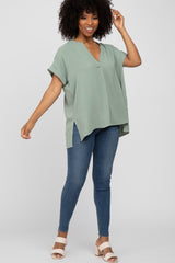 Light Olive V-Neck Rolled Cuff Blouse