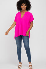 Fuchsia V-Neck Rolled Cuff Blouse