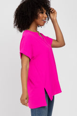 Fuchsia V-Neck Rolled Cuff Blouse