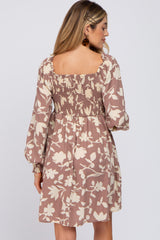 Taupe Floral Smocked Off Shoulder Maternity Dress