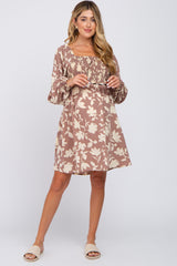 Taupe Floral Smocked Off Shoulder Maternity Dress