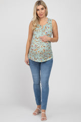 Mint Green Floral Split Neck Maternity Tank Top