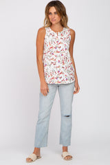 Ivory Floral Split Neck Tank Top