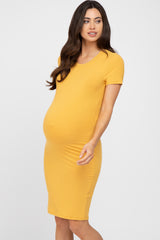 Yellow Ribbed Fitted Maternity Dress