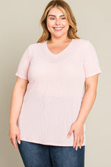 Pink Textured V-Neck Plus Top