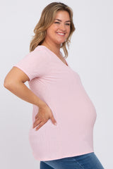 Pink Textured V-Neck Maternity Plus Top