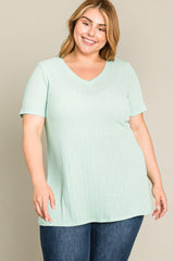 Mint Green Textured V-Neck Plus Top