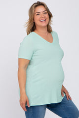 Mint Green Textured V-Neck Maternity Plus Top