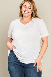 White Textured V-Neck Plus Top