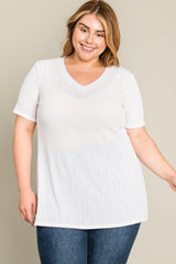 White Textured V-Neck Plus Top