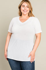 White Textured V-Neck Plus Top