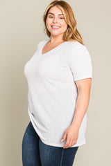 White Textured V-Neck Plus Top