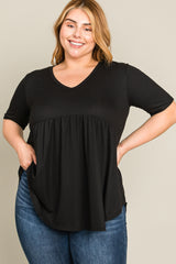 Black Textured V-Neck Plus Top