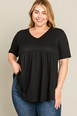 Black Textured V-Neck Plus Top