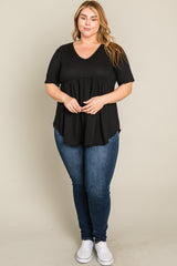 Black Textured V-Neck Plus Top