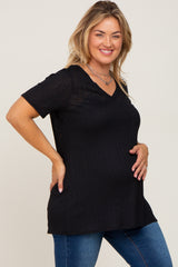 Black Textured V-Neck Maternity Plus Top