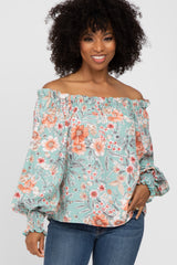 Mint Green Floral Off Shoulder Maternity Blouse