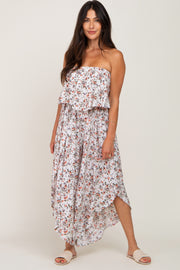 Ivory Floral Split Hem Strapless Jumpsuit