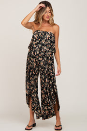 Black Floral Split Hem Strapless Maternity Jumpsuit