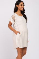 Beige Linen Crochet Shoulder Fringe Hem Maternity Dress