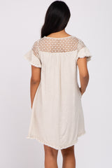 Beige Linen Crochet Shoulder Fringe Hem Maternity Dress