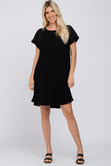 Black Linen Fringe Hem Burnout Sleeve Maternity Dress