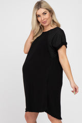 Black Linen Fringe Hem Burnout Sleeve Maternity Dress