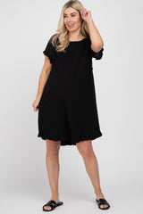 Black Linen Fringe Hem Burnout Sleeve Maternity Dress