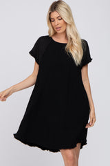 Black Linen Fringe Hem Burnout Sleeve Dress