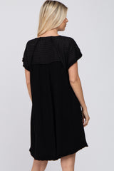 Black Linen Fringe Hem Burnout Sleeve Dress