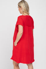 Red Linen Fringe Hem Burnout Sleeve Maternity Dress