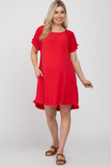 Red Linen Fringe Hem Burnout Sleeve Maternity Dress