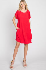 Red Linen Fringe Hem Burnout Sleeve Maternity Dress