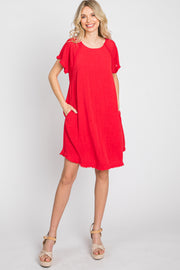 Red Linen Fringe Hem Burnout Sleeve Dress